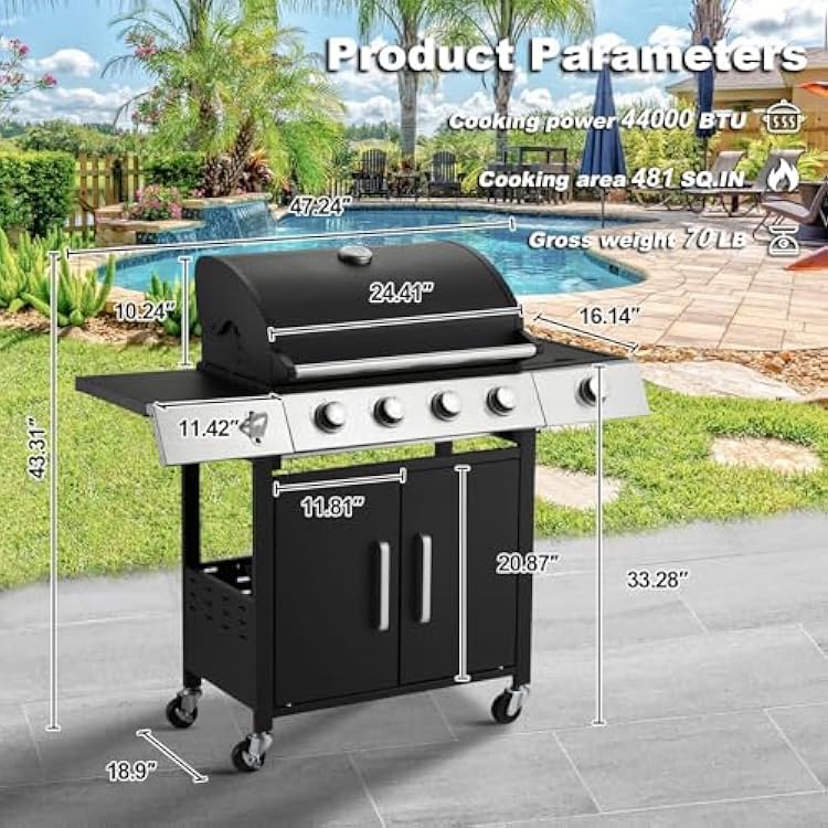 MELLCOM Upgraded 44,000 BTU Stainless Steel Burner Barbecue Grill, 4 Burner BBQ Propane Gas Grill with Side Stove & Cast Iron Grates for Patio, Camping, Outdoor Cooking