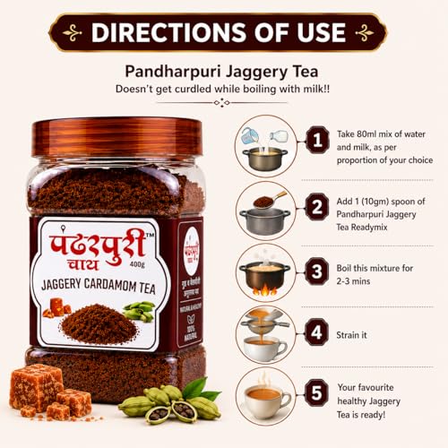 Image of Pandharpuri Chay Jaggery Cardamom Tea Premix | 400gm | Natural Elaichi Instant Chai | Assam Tea Blend with Pure Jaggery | No Added Sugar or Preservatives