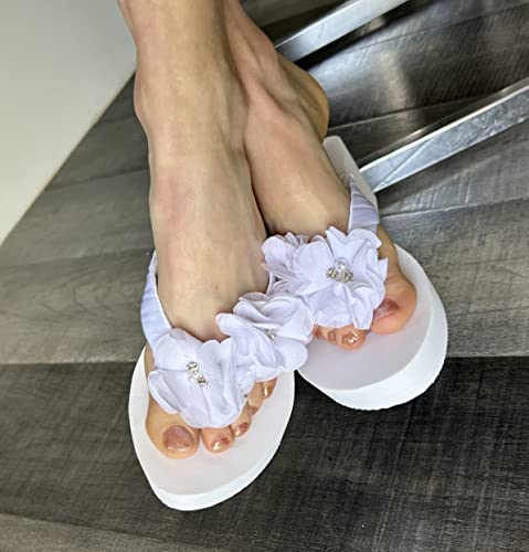 White 2 Inch Bridal Wedge Heel Flip Flops With Satin Ribbon Chiffon Pearl Flowers (9) #TOP1