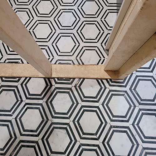 Stone Center Online Carrara White Marble 5 Inch Hexagon Georama Nero Strip Geometric Mosaic Tile Honed Kitchen Bath Wall Floor Backsplash Shower (1 Sheet) #TOP7