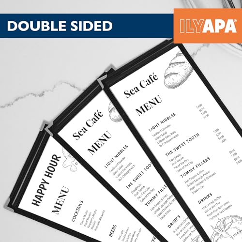 Image of Ilyapa 30 Pack of Menu Covers 4.25 x 11 - Single Page, 2 View, Restaurant Menu Covers, 4.25x11 Clear Plastic Sleeves, Transparent Viewing Surfaces