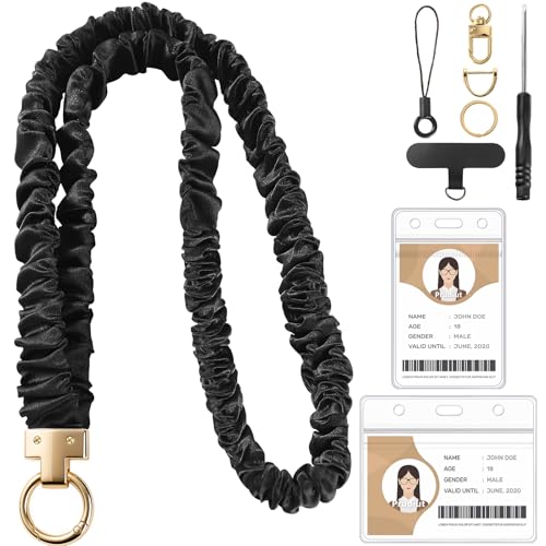 Prudiut Scrunchie Lanyard with ID Holder, Black, for Women