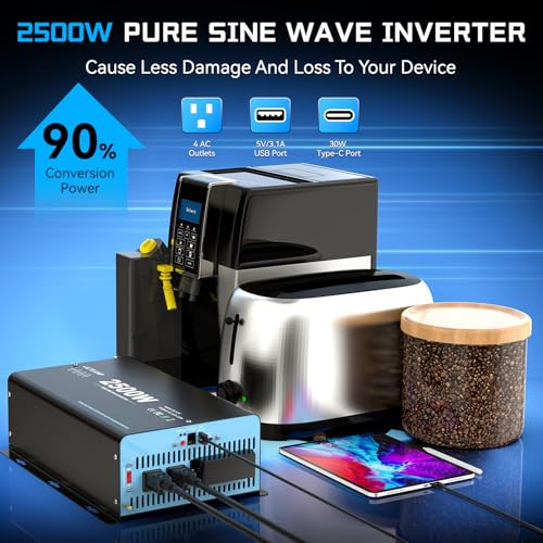 Image of 2500W Pure Sine Wave Power Inverter with Transfer Switch for RV, 5000W Peak