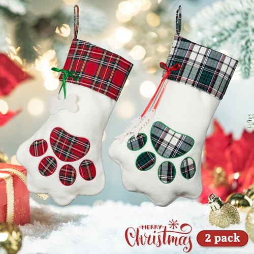 2 Pack Pet Christmas Stocking for Dogs, Large Paw Shape Christmas Stockings, Plaid Xmas Stocking for Cats, Family Fireplace Decoration Stockings by Ficrfart - Image 5