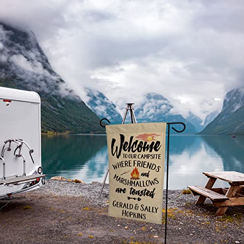 Personalized Camping Flag, Welcome To Our Campsite Where Friends And Marshmallows Are Toasted, Plus 2 Lines Of Custom Text, Tan Fabric #TOP3