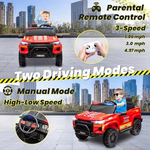 JOYRACER 24V Ride on Car Fire Truck for Kids 2 Seater, 400W Ride-on Toy for Big Kids with Remote Control, Siren Flashing Lights, 3 Speed, Bluetooth Music, Soft Start, 24 Volt Firetrucks, Red