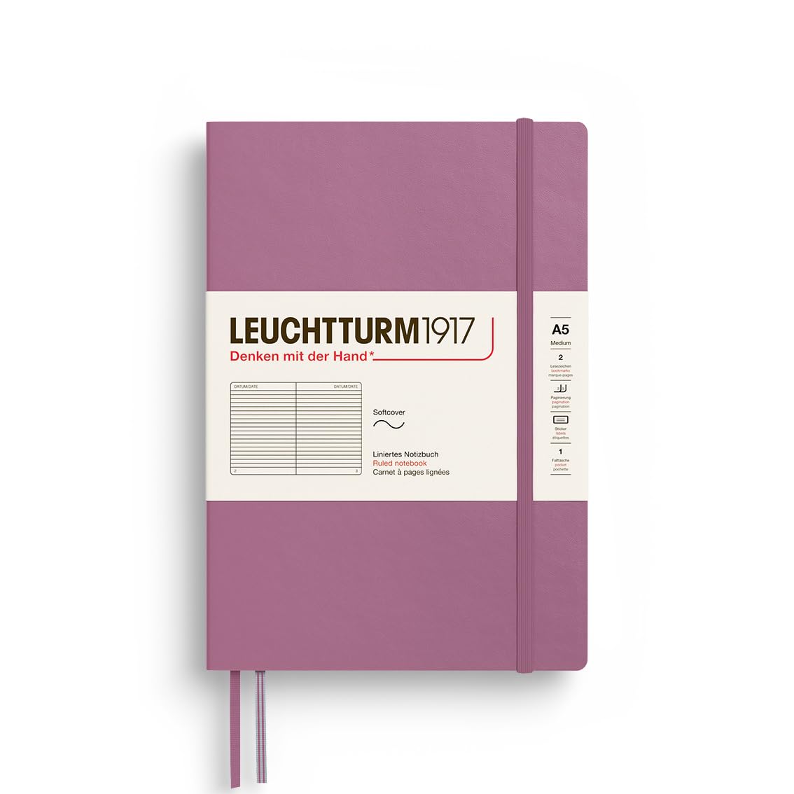 LEUCHTTURM1917 372202 Notebook Medium (A5), Softcover, 123 Numbered Pages, Dusty Rose, Ruled