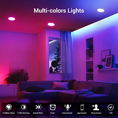 MustWin Smart Retrofit Led Recessed Lighting 6 inch LED Downlight, Bluetooth Mesh LED Can Lights Color Changing, Voice Control via Alexa, Dimmable RGBCW 15W 2-Pack (Hub Needed)