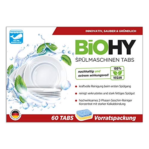 BiOHY Spülmaschinen Tabs (60 Tabs) | hochwirksamer 2-Phasen-Geschirr-Reiniger | Geschirrspültabs für kraftvolle Reinigung | streifenfreier Glanz | Vorratspackung BiOHY Spülmaschinen Tabs (60 Tabs) | hochwirksamer 2-Phasen-Geschirr-Reiniger | Geschirrspültabs für kraftvolle Reinigung | streifenfreier Glanz | Vorratspackung