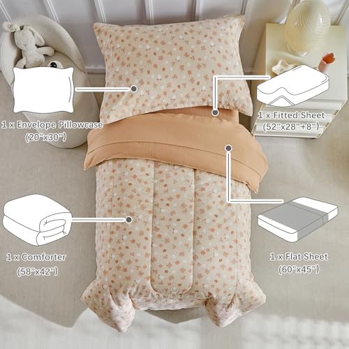 Image of DuShow Toddler Bedding Set for Girls and Boys,4 Piece Bed-in-a-Bag Toddler Comforter Sets,Orange Floral Crib Bedding Sheets Set,Include Quilt Comforter,Flat Sheet,Fitted Sheet,Pillowcase