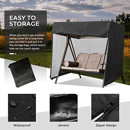 Quekehis Swing Cover Outdoor Waterproof Dust Proof 3 Triple Seater 420D Patio Swing Chair Cover Hammock Porch Swing Cover For Winter Outdoor Furniture Protection Black #TOP3