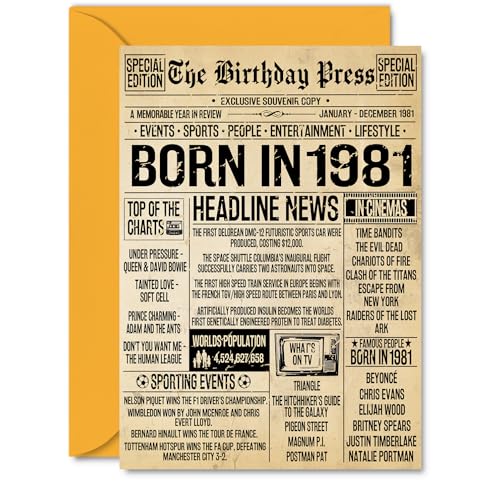 44th Birthday Card for Women Men - Bday Press Newspaper 1981 - Happy 44 Birthday Cards for Husband Auntie Brother Uncle Colleague Son, A5 Bday Greeting Cards