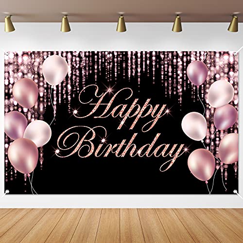 Rose Black Happy Birthday Banner Backdrop Large Happy Birthday Yard Sign background It's My Birthday Backdrop Baby Shower Party Indoor Outdoor Car Decoration Supplies for Women Girl