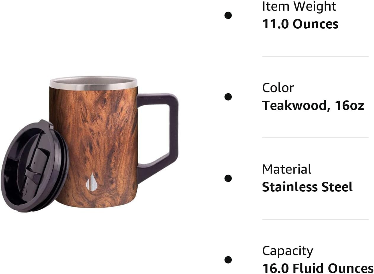 Elemental Insulated Coffee Mug - Triple-Wall Stainless Steel Summit Travel Cup for Hot and Cold Drinks - Thermal Coffee Mug with Lid and Handle for Camping, Office & Travel 16oz - Teakwood - Image 5