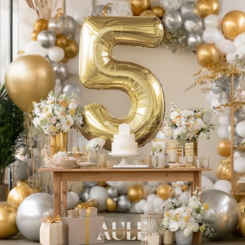 Image of AULE 40 Inch Large 5 Balloon Numbers Light Gold, Big Foil Number Balloons, Giant Helium Happy Birthday Party Decorations for Man and Women, Huge Mylar Anniversary Party Supplies