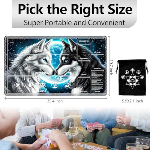 Image of for MTG Playmat with Card Storage Bag,Non-Slip Rubber Base & Smooth Surface 35.4x19.7in,Beginner-Friendly Magic Mat for Commander Deck,Black White Wolf Moon