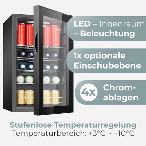 Bomann® Kühlschrank mit Glastür – Flaschenkühlschrank 63 L | Platz für bis zu 89 Dosen (0,33 l) | Getränkekühlschrank für Bier, Party & Büro | 74 cm | LED-Beleuchtung | leise | 4 Ablagen | KSG 7515