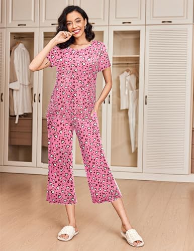 Image of Ekouaer 2 Pack: Women's Pajamas Set Short Sleeve Sleepwear Capri Pants Pjs Soft Loungewear with Pockets