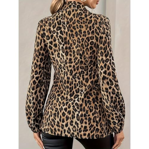 Women's Leopard Print Blouse Long Sleeve V Neck Tie Front Lapel Collar Top Trendy Blouse Shirt Versatile Blouse Y2K4