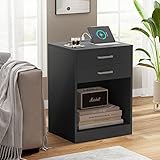 ADORNEVE Black Nightstand with USB Port, Side End Table,with Storage Shelf and 2 Drawers for...