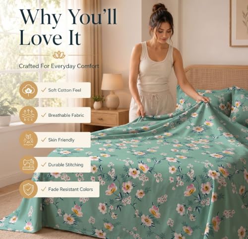 Image of HOMEKART Glace Cotton 160 TC Leaf Printed Double Bedsheet with 2 King Size Pillow Covers | Soft & Durable | 86 x 88Inches (Green & White)