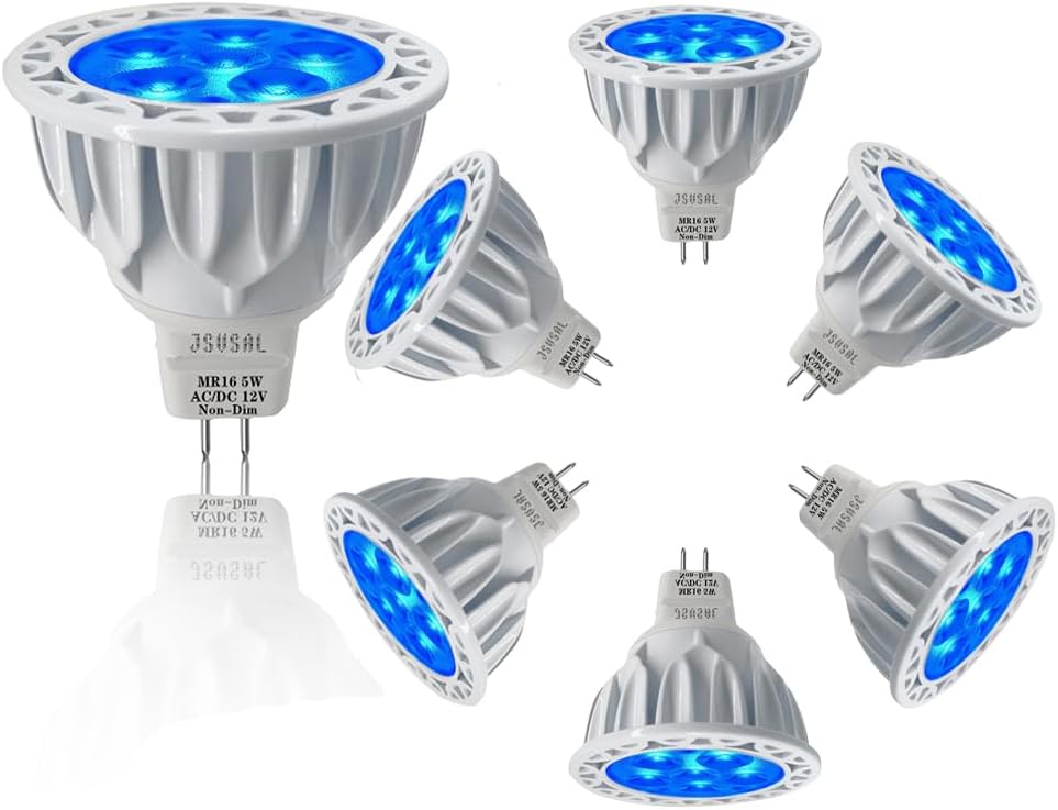 MR16 GU5.3 Bi-Pin Base Blue Led Bulbs 5W Non Dimmable,35W 50W Halogen Equivalent,AC/DC 12V Low Voltage,40 Degree Spotlights for Landscape Yard Garden Tree Pool Holiday Lighting,6-Pack