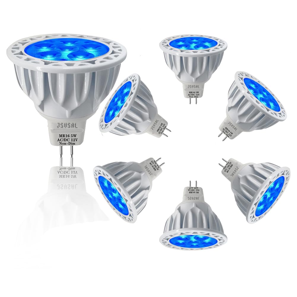 (6-Pack Not Dimmable Blue MR16 GU5.3 Bi-Pin Base LED Bulbs,5W,20W 35W 50W Halogen Equivalent,AC/DC 12V Low Voltage,40 Degree Spotlights for Landscape Yard Garden Tree Pool Holiday Lighting