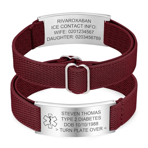 FLHEART Personalisierte Notfallarmband Medizinisches Alarm Armband - Wein Rot Elastische Strap SOS ID Armband mit Gravur Diabetes Epilepsie Allergie Telefonnummer Notfall Armbänder für Damen Kinder