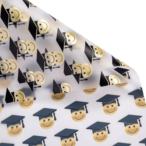 RUSPEPA 20 Sheets Graduation Flower Wrapping Paper, Smiley Face with Graduation Cap Design, Waterproof Floral Bouquet Wrapping Paper, Florist Supplies Packaging for Graduates, School Events, DIY Craft