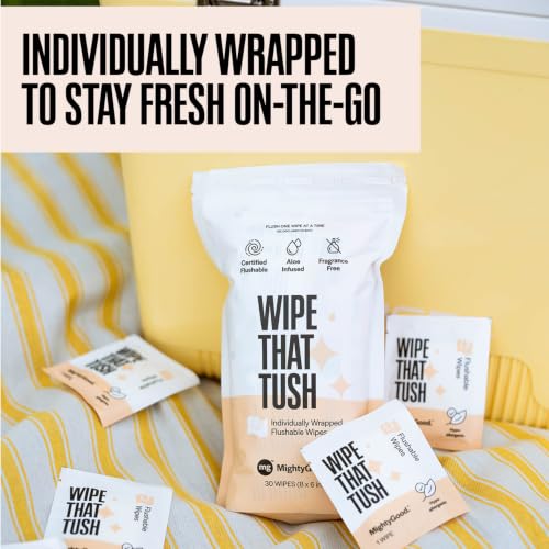 Image of Wipe That Tush On-The-Go Flushable Wipes Bulk Pack - 12 Packs of 10 Individually Wrapped Travel Wipes, 120 Total - Fragrance Free - Hypoallergenic With Aloe & Vitamin E - Septic Safe