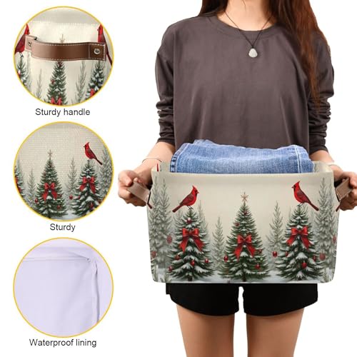 Image of Christmas Tree Cardinals Birds Storage Basket with Waterproof Liner and PU Handles Winter Xmas Tree Bow Storage Bins Boxes 14.2 inch Collapsible Decorative Organizer Baskets for Bedroom Office 2 Pack