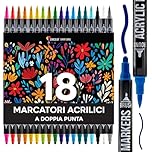 Zenacolor Pennarelli Acrilici a Doppia Punta (Fine e a Pennello) - 18 Colori per Diverse Superfici e Opere d'Arte - Pennarelli Acrilici per Dipingere Sassi