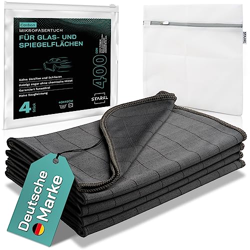 STARKL® 4X Mikrofasertücher für Autoscheiben, Fenster, Spiegel, Displays- Scheibenreinigungstücher Auto - Fenstertuch streifenfrei in 40x40cm - Carbontuch - fusselfreie in 400GSM