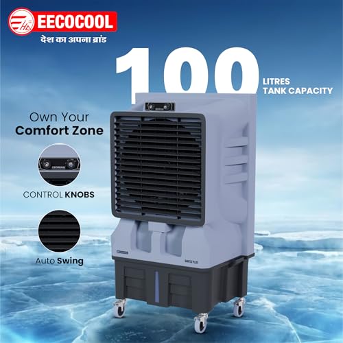 Image of EECOCOOL Santoz Plus 100 L Air Cooler | Powerful Cooling For Large Spaces | 4-Way Air Deflection, Everlast Pump, Heavy-Duty Build & Inverter Compatible | Energy-Saving With High Air Delivery,Black