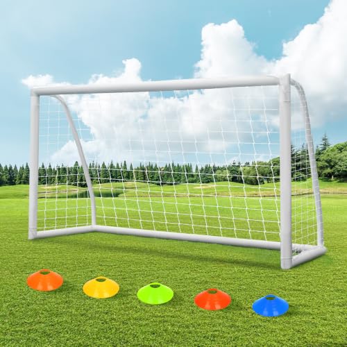 ORIENGEAR 8 x 6 FT Soccer Goals for Backyard Portable PVC Soccer Goal with 68mm Frame PE Net Carry Bag Ground Stakes Tool-Free Setup for Kids Youth Adults Park School and Shooting Practice