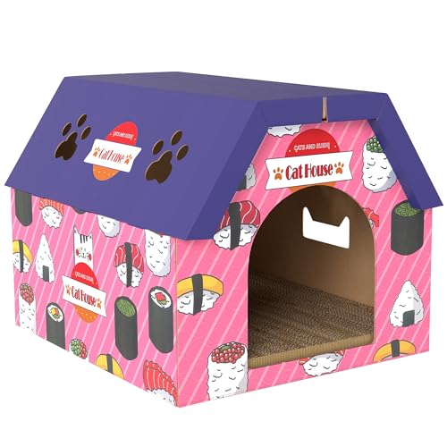 PawHut Cat Scratching Board, 2-in-1 Cardboard Cat House and Hideaway Furniture with Door, 4 Paw-Shaped Vents and Grass for Indoor, Pink