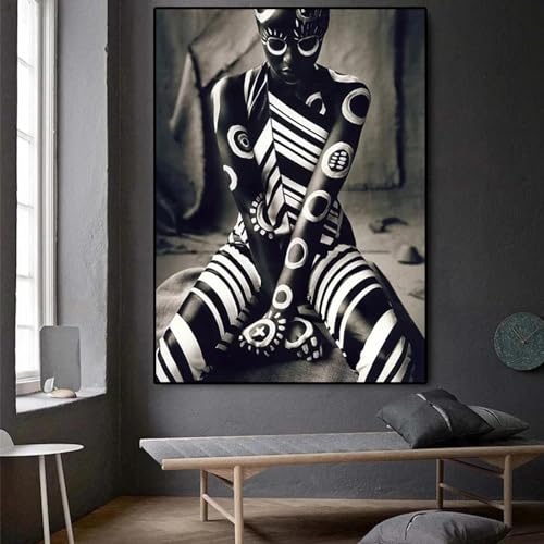 Tableau africain noir et blanc 70x117 cm avec cadre pour salon