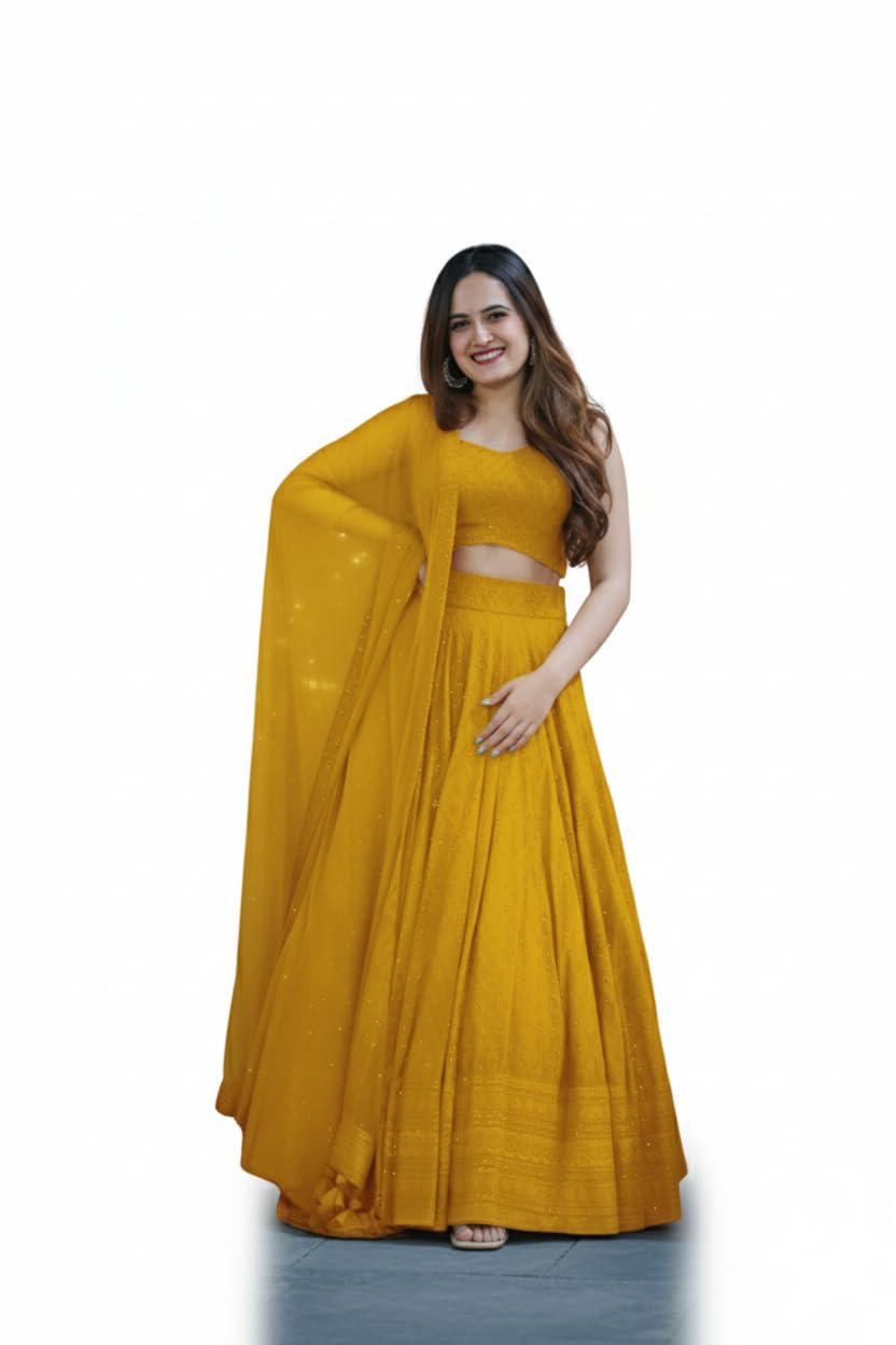 Women’s Mustard Yellow Embroidered Lehenga Choli with Dupatta | Festive & Wedding Designer Indian Outfit