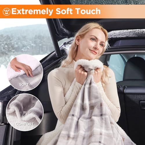 Image of Westinghouse Heated Car Blanket, 12-Volt Electric Blanket for Car, Truck, SUV, RV, Portable Heated Throw for Camping, Beige Buffalo Plaid, 59 inch x 43 inch