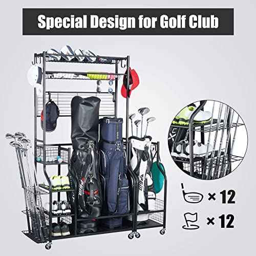 Mythinglogic Golf Bag Storage Garage Organizer,2 Golf Bags Storage Stand and Golfing Equipment Accessories Storage Rack with 4 Removable Hooks, Extra Golf Clubs Display Rack