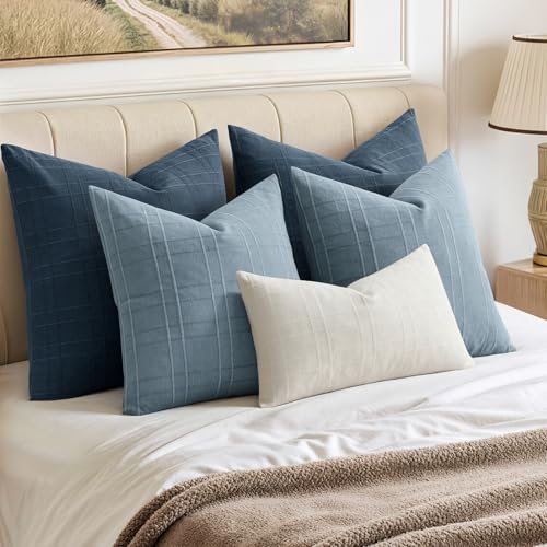 MIULEE Decorative Linen Check Euro Shams Throw Pillow Covers Neutral Farmhouse Vintage Pillow Covers 24x24 Set of 2 Boho Modern Home Decor for Sofa Couch Bedroom Cushion Deep Blue by MIULEE - Image 3