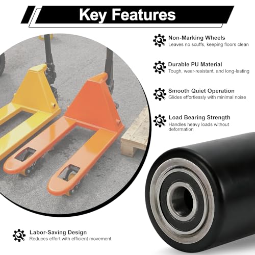 Image of Two Packs of Pallet Jack /Truck Wheels 3 inch x 3.75 inch PU Poly Tread, 20mm ID Bearings, Full Set with Axles, Pins and Entry Exit Roller