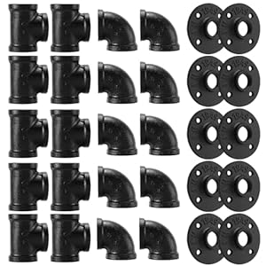 3/4″Black Pipe Fitting, Home TZH 30 Pack Floor Flange/Elbow/Tee Combo for Industrial vintage style, Flanges/Elbow/Tee with Threaded Hole for DIY Project/Furniture/Shelving(30, Black 3/4″)