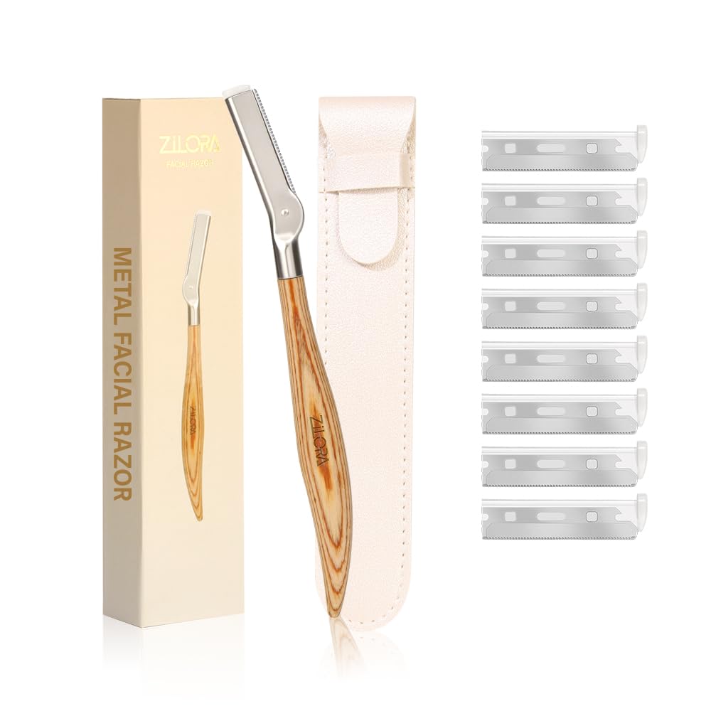 Wooden Eyebrow Razor - 8 Replacement Blades & Leather Pouch - Precision Eyebrow Trimmer & Dermaplaning Tool for Face Peach Fuzz, Lip Hair - Safety Mesh Guard