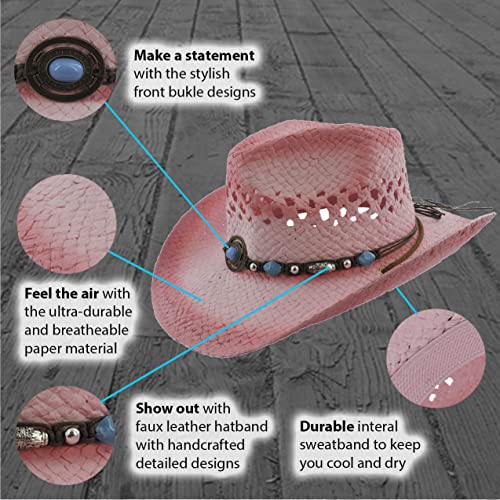 Straw Cowboy Hat Cowgirl Hats Men Women Sun Hat Sombreros Vagueros Classic Western Accents Sombreros (Pink W Tq Pendant) #TOP3