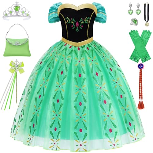 Disfraz de princesa Anna para niña, vestido de princesa, carnaval, disfraces, niños, set con corona, varita mágica, cosplay, fiesta, princesa, disfraz para niña, conjunto con accesorios pelucas C070L