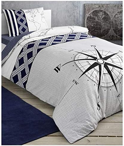100% Cotton Compass Themed Nautical Bedding, Duvet Cover Set with Fitted Sheet, Blue, Kids Teen Bed Set, Twin Size (3 Pieces)