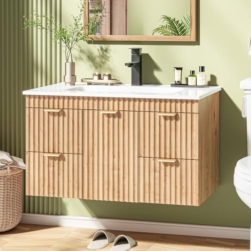 Vabches 30 Inch Fluted Bathroom Vanity with Ceramic Sink Combo, Floating Modern Bathroom Vanity Cabinet with 4 Storage Darwers, Wall Mounted Wood Grain Vanity with Storage Cabinet, Oak