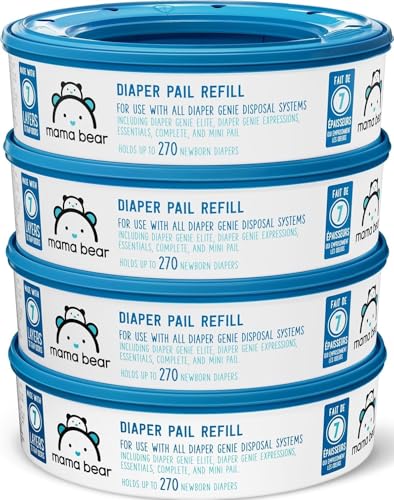 Image of Amazon Brand-Mama Bear Round Diaper Pail Refills for Diaper Genie Pails, Odor Control, Unscented, 1080 Count (4 Packs of 270 Count), Compatible with Diaper Genie Complete, Elite and Expressions Pails