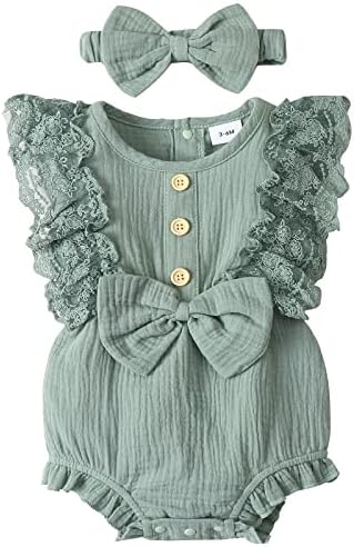 WGNONW Baby Girl Clothes Newborn Summer Rompers Lace Ruffle Sleeveless One-Pieces Buttons Jumpsuits Bodysuit with Headband ArmyGreen 0-3M